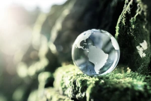 Glaskugel mit Weltkarte auf moosbewachsenem Stein im Sonnenlicht
